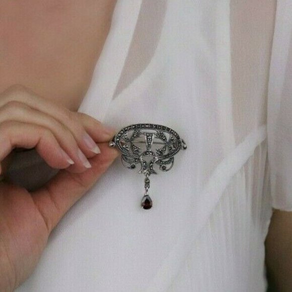 Sterling Silver Marcasite with Simulated Garnet Pin Brooch - Picture 2 of 6